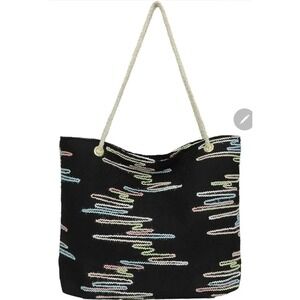 Black Tote Bag Rope Handle Colorful Accents Shoulder Bag Purse Handbag‎